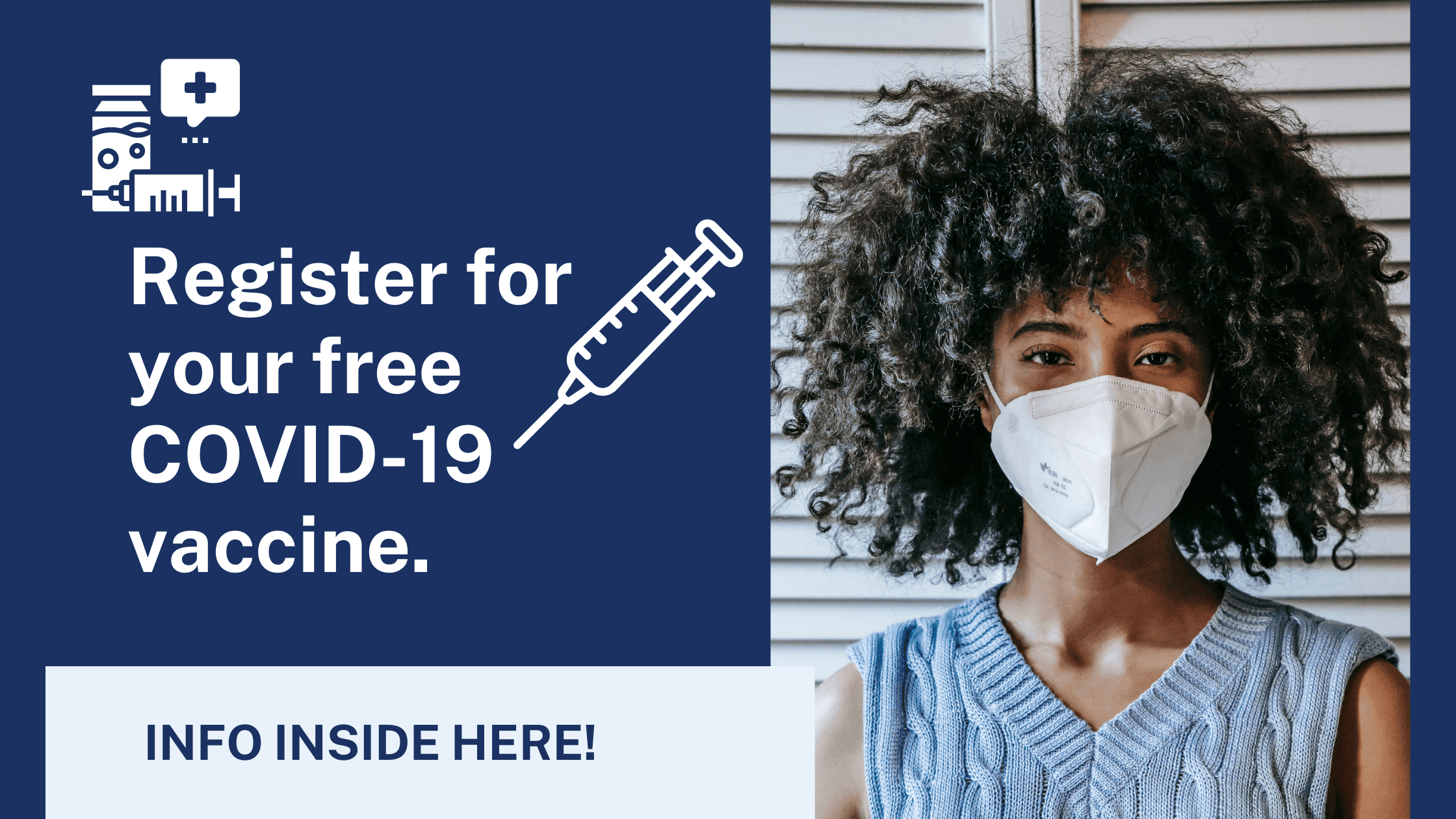 COVID-19 vaccination graphic encouraging Lansing, Michigan residents to register for a free COVID-19 vaccine.